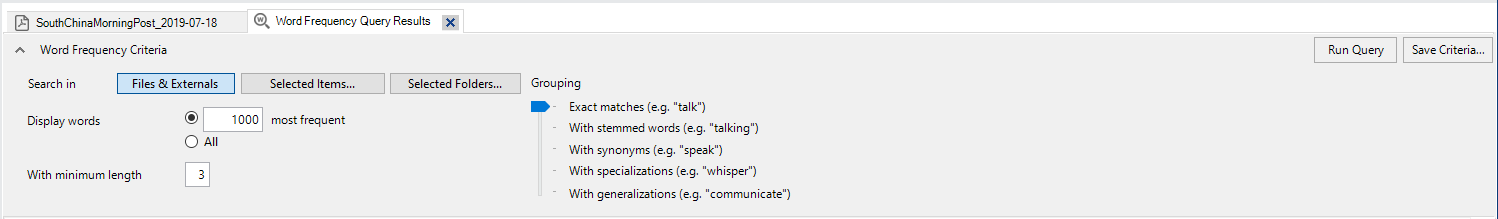 word frequency query menu